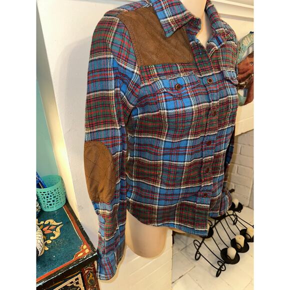 VINTAGE SUPER SOFT PLAID FLANNEL FITTED SHIRT WITH FAUX SUEDE PATCHES S - Picture 1 of 8